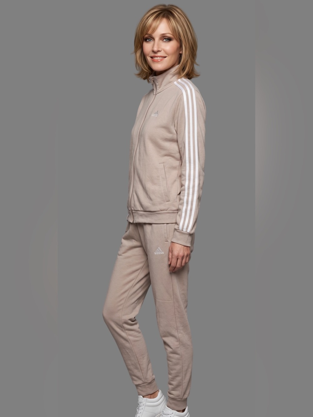 ADIDAS Taupe White Tracksuit Jacket & Joggers Classic Logo Stripes Minimalist M